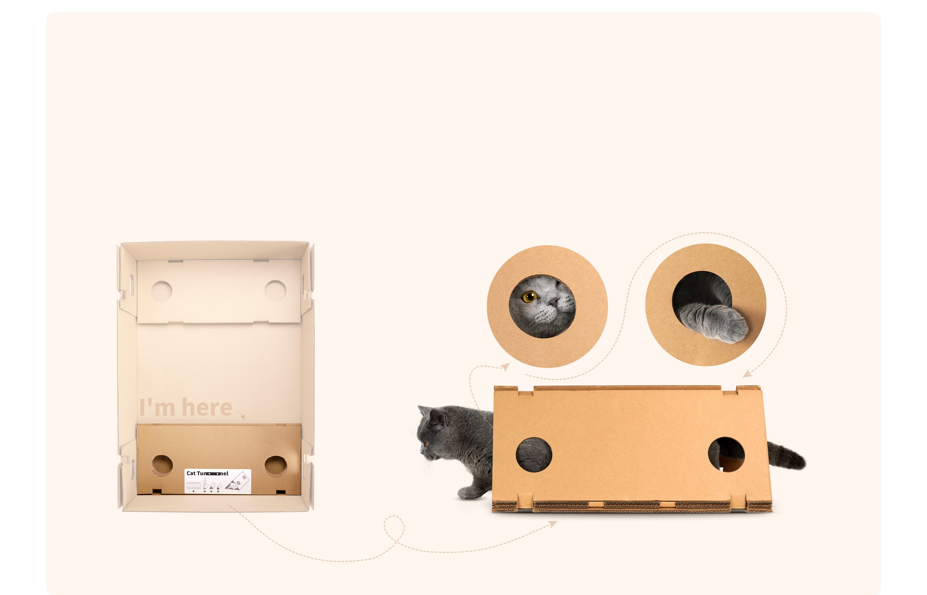 Purobot Ultra Automatic Cat Litter Box package transformed into a fun cat tunnel, encouraging play and exploration while eco-friendly