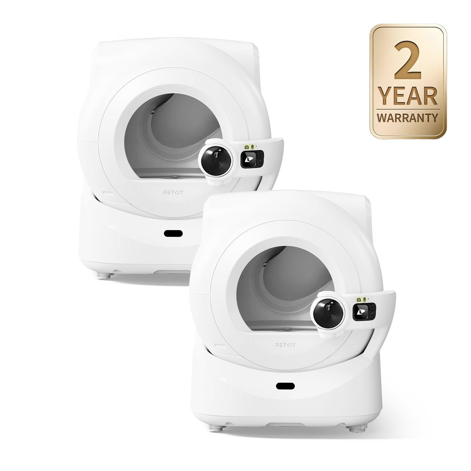 Two Purobot Ultra Automatic Cat Litter Boxes with a 2-year warranty badge on a white background
