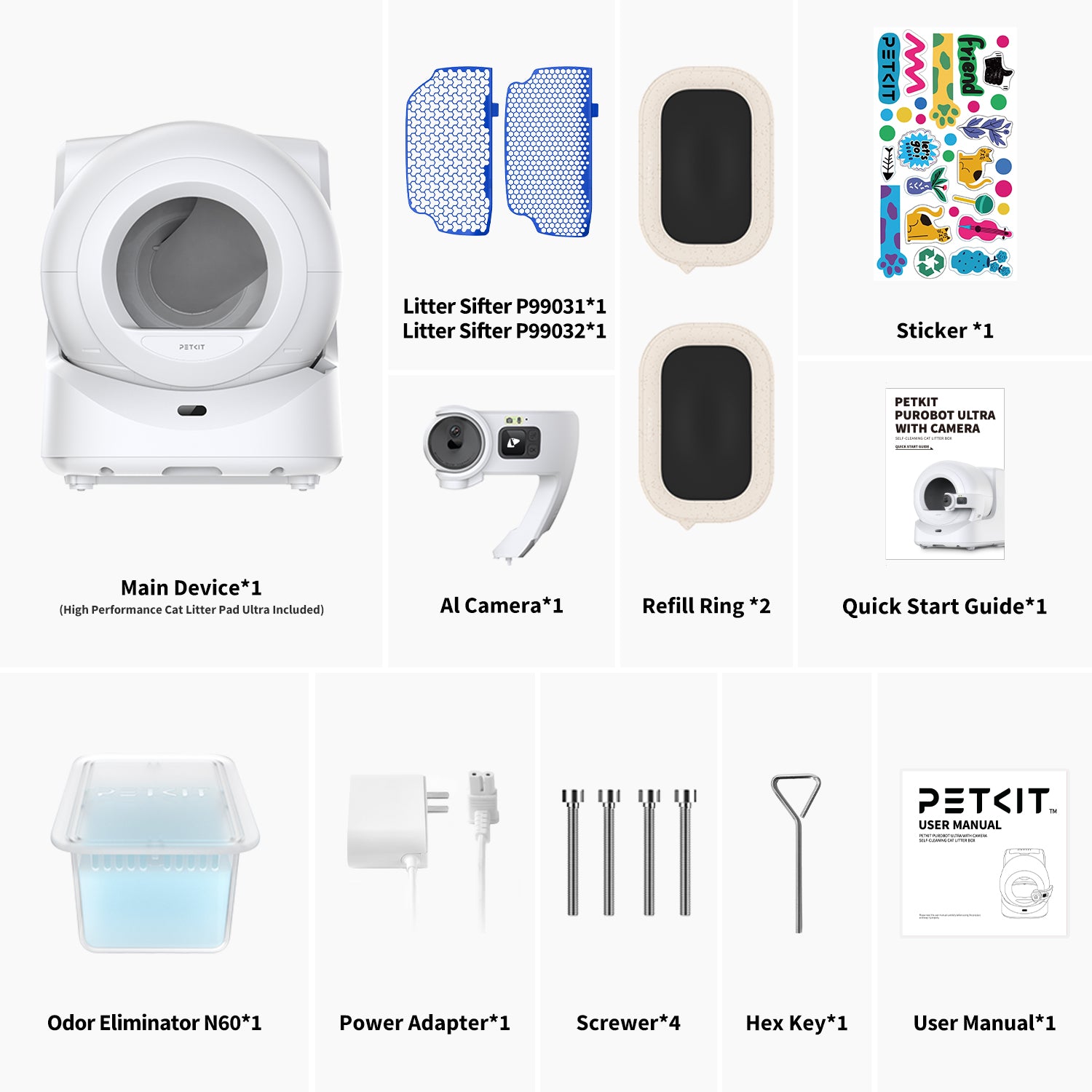 Purobot Ultra Automatic Cat Litter Box package includes main device, AI camera, litter sifter, refill rings, odor eliminator, power adapter, and user guides