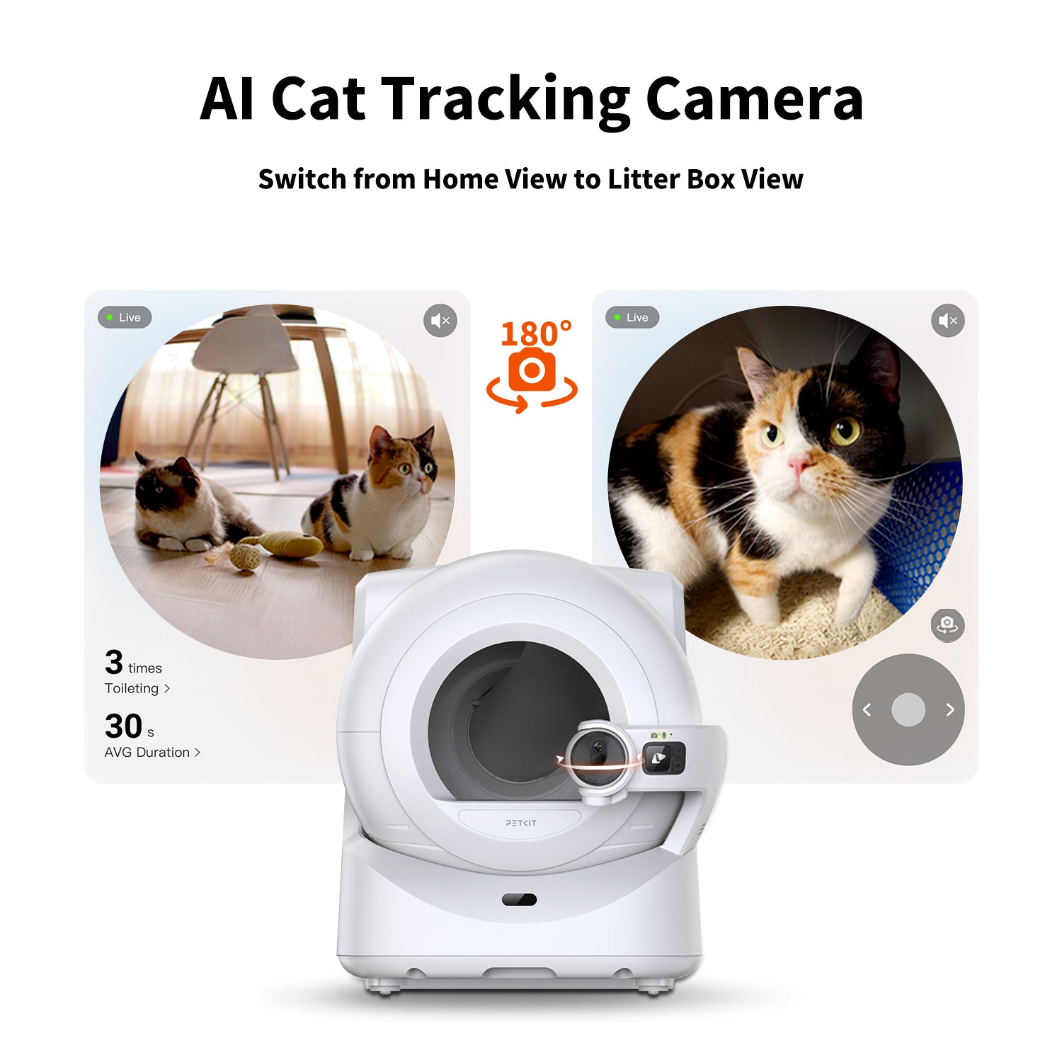 Purobot Ultra Automatic Cat Litter Box with 180° rotating AI camera switching between home view and litter box view for comprehensive monitoring of pet behavior