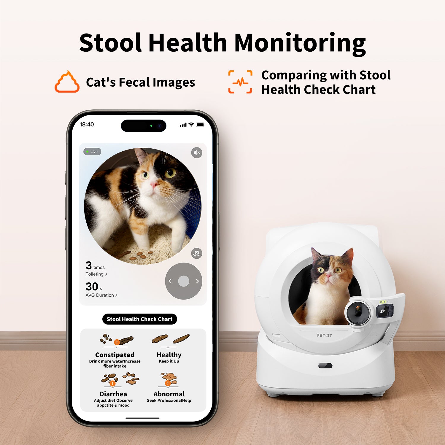Purobot Ultra Automatic Cat Litter Box capturing cats’ stool and clump images, comparing them with health charts to detect early digestive or urinary issues