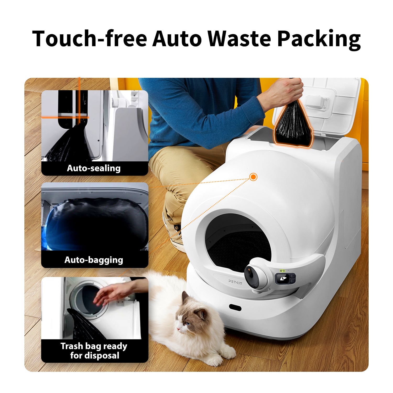 Purobot Ultra Automatic Cat Litter Box demonstrating touch-free auto waste packing, auto-sealing, and auto-bagging for hygienic and convenient cleanup