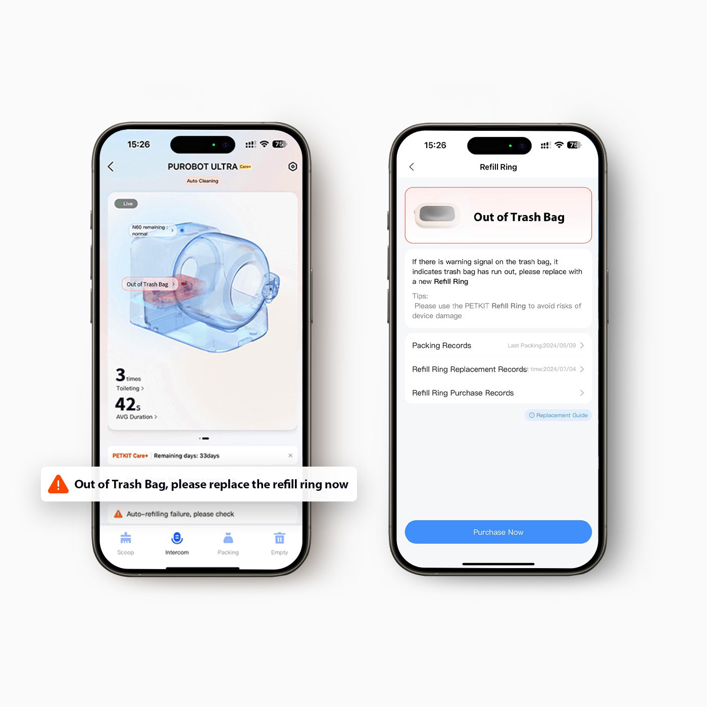 Refill Ring equipped with NFC recognition to send low-bag alerts via the PETKIT app