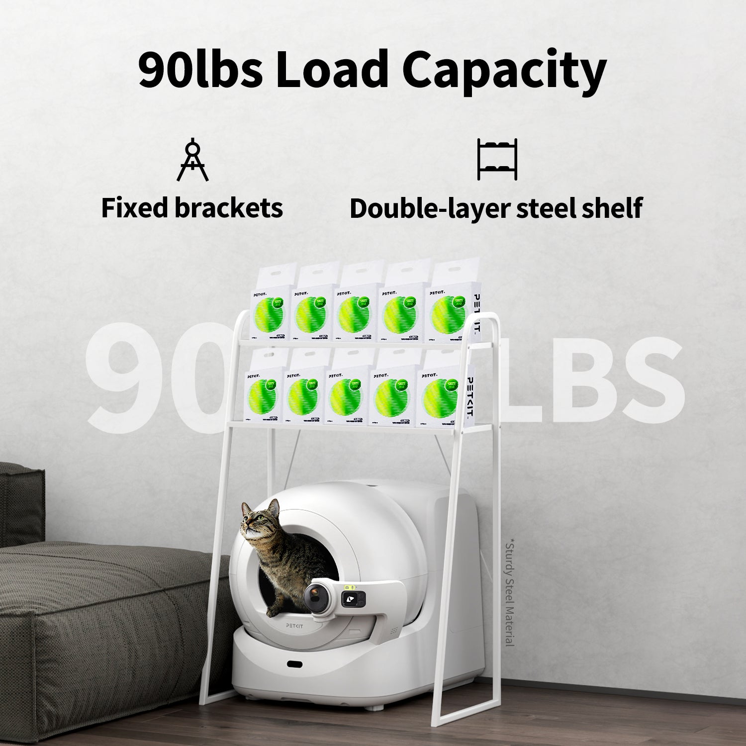 Storage Shelf with double-layer steel construction and fixed brackets supporting up to 90lbs