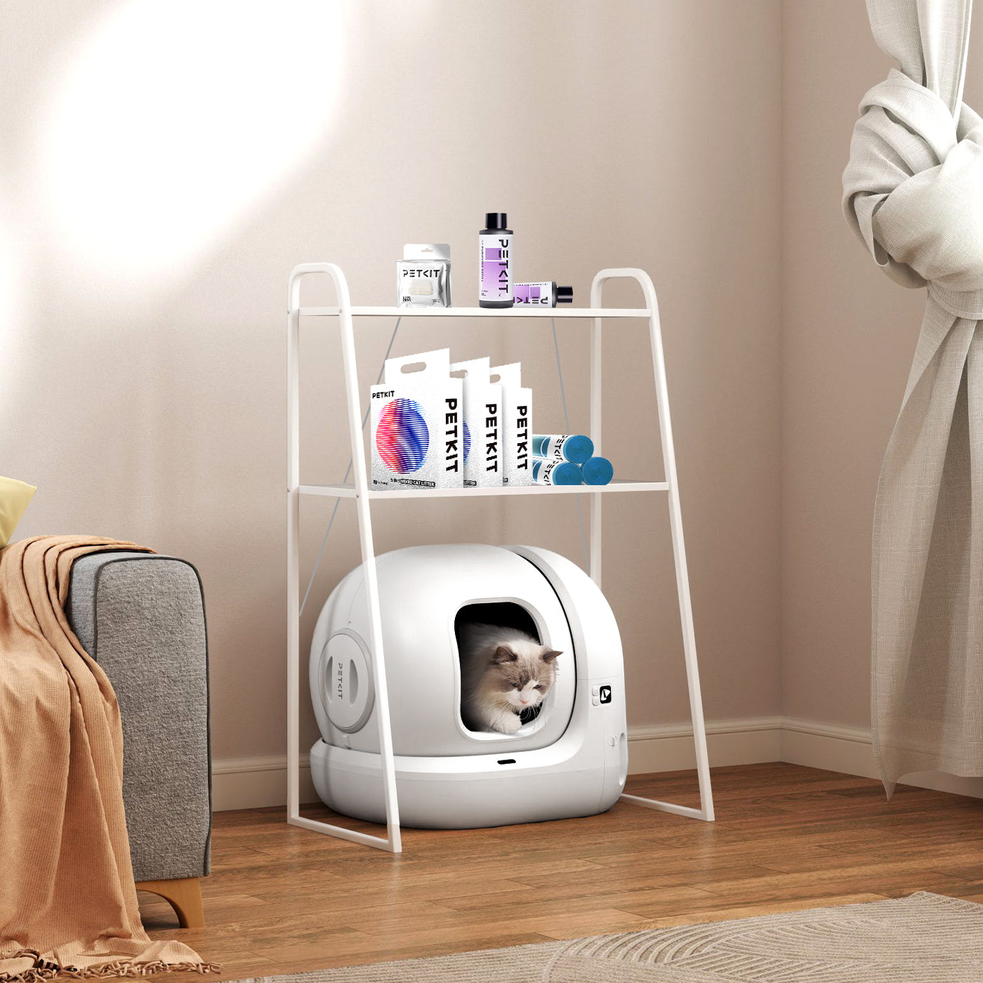 Storage Shelf shown with PuraMax 2 Automatic Litter Box, ensuring organized storage and efficient space use