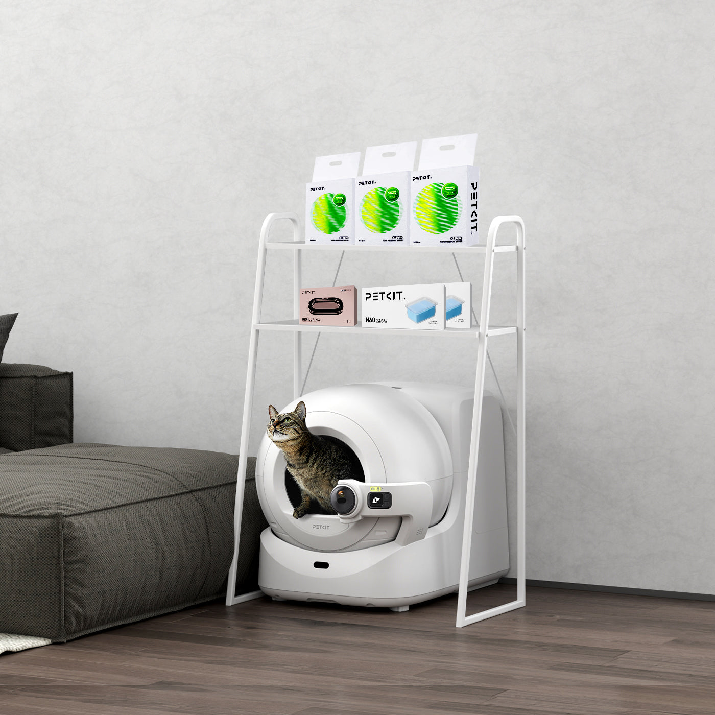 Storage Shelf compatible with Purobot Ultra Automatic Litter Box, providing organized storage space for accessories