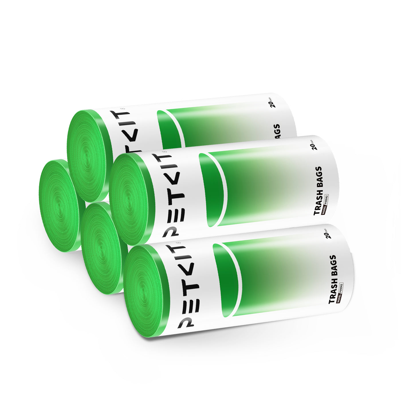 Trash bags packaged in 5 rolls with 20 bags per roll, offering an economical solution for multi-pet households