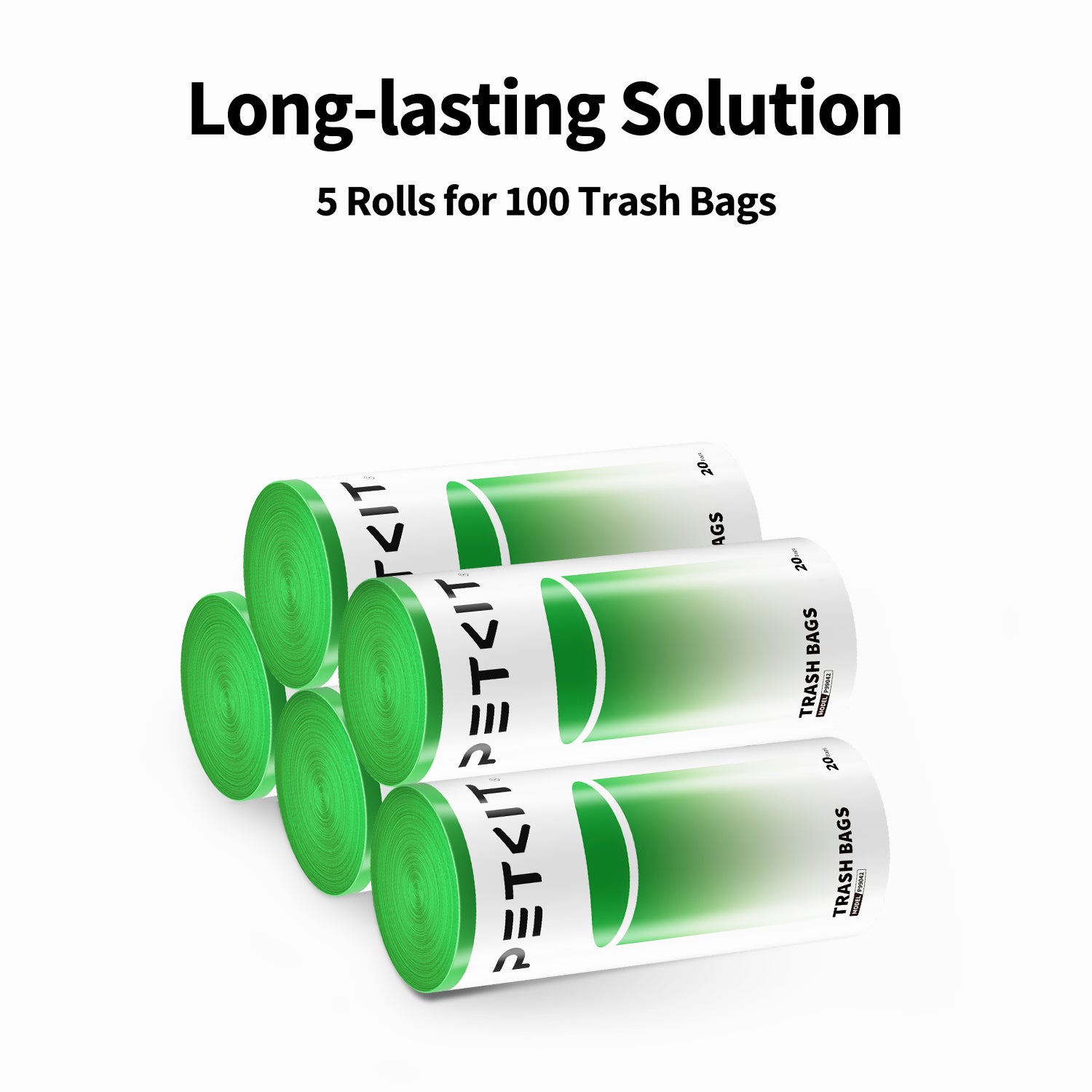 Trash bags supplied in 5 rolls with a total of 100 bags, providing a long-lasting waste management solution