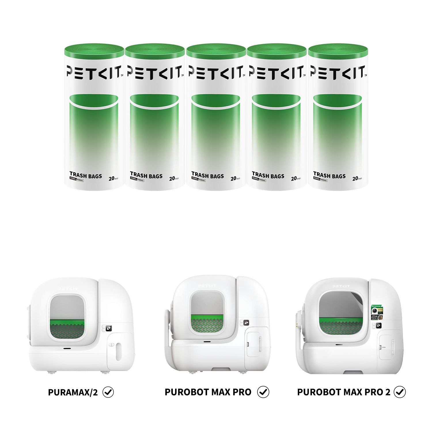 Trash bags displayed with compatible PETKIT litter boxes including Purobot Max Pro, Purobot Max Pro 2, PuraMax and PuraMax 2, designed for daily waste collection