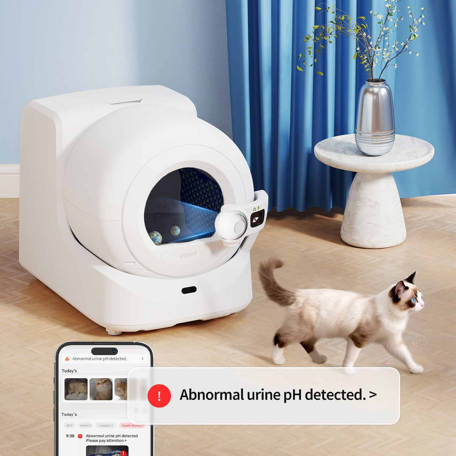 Urine Monitor Cat Litter sending alerts through the PETKIT app when abnormal color changes are detected