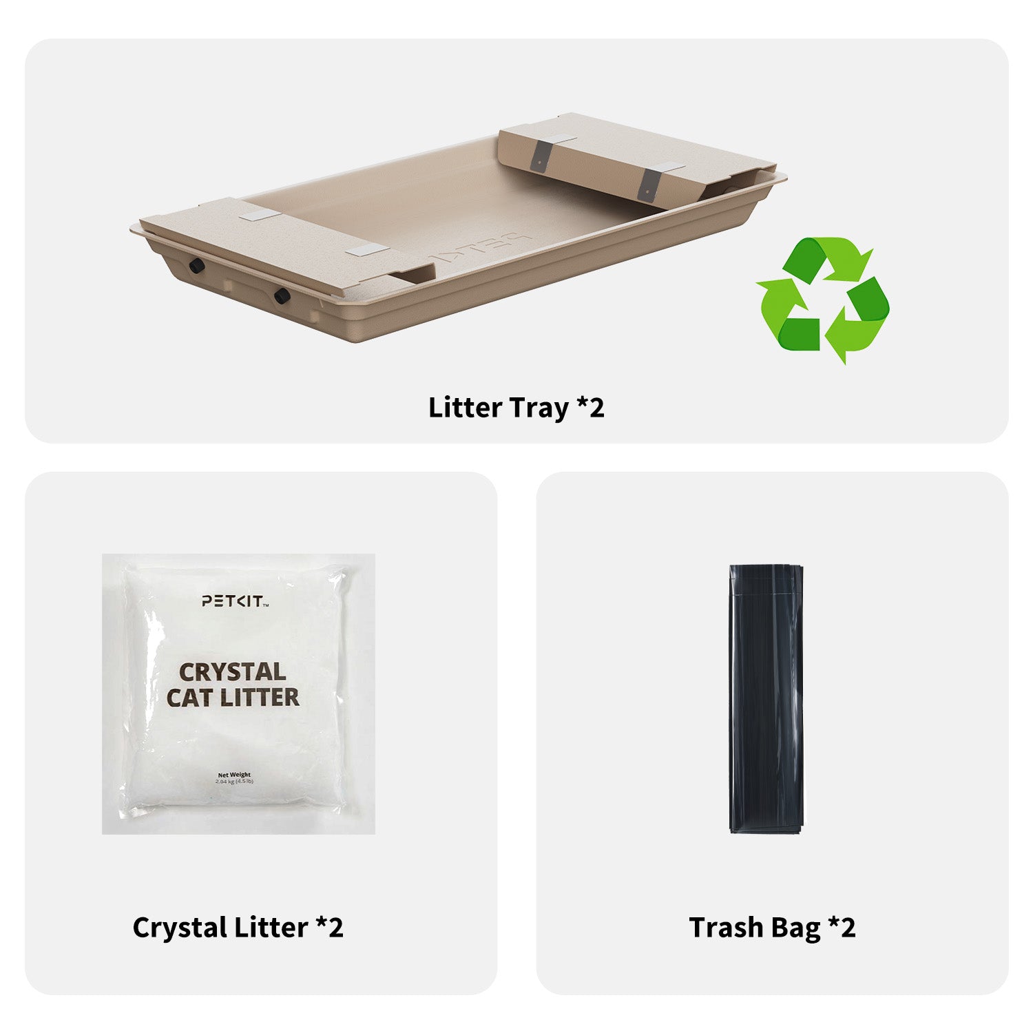 The packaging includes four trays, four bags of crystal litter, and four trash bags.