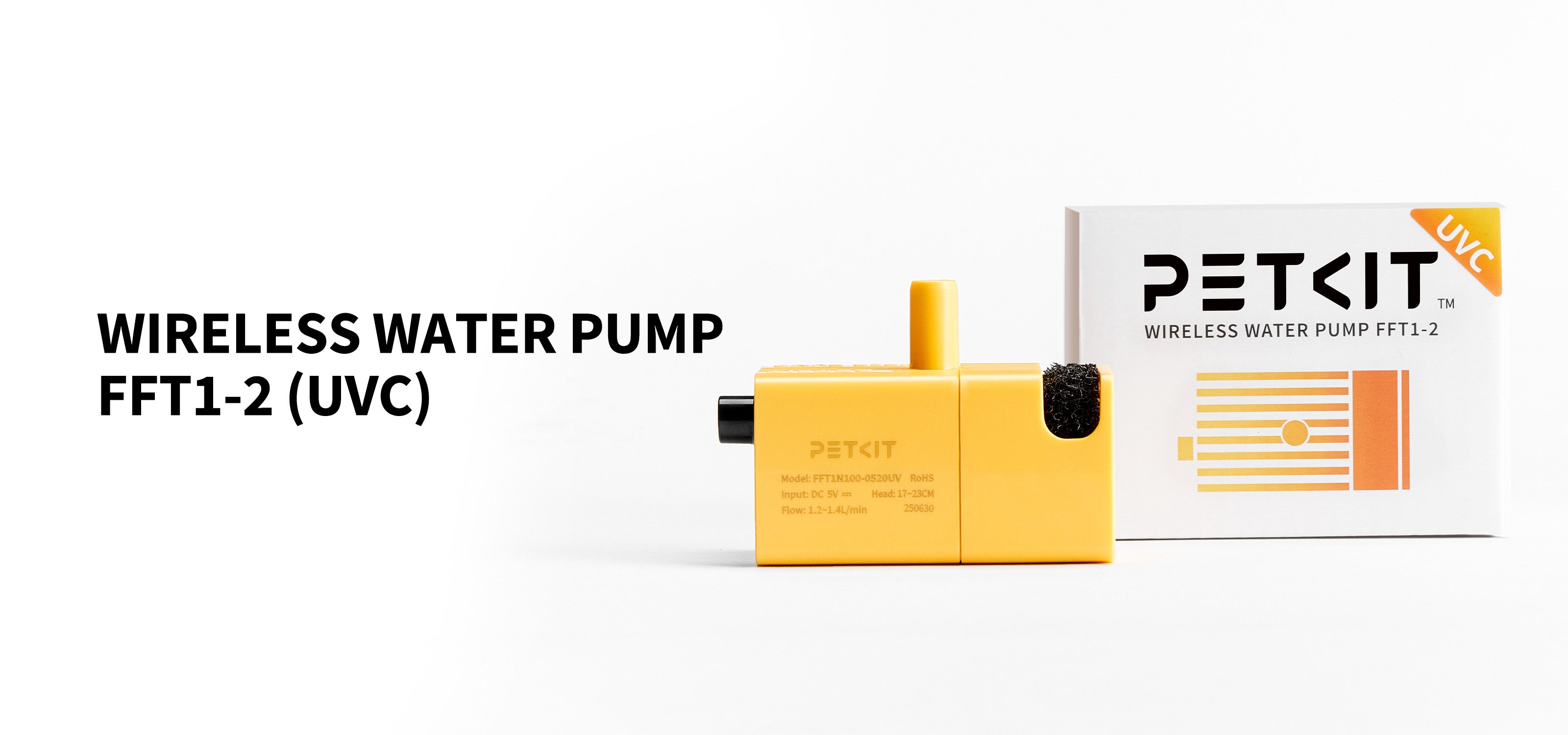 Wireless water pump FFT1-2 UVC banner highlighting sterilization safety and wireless design