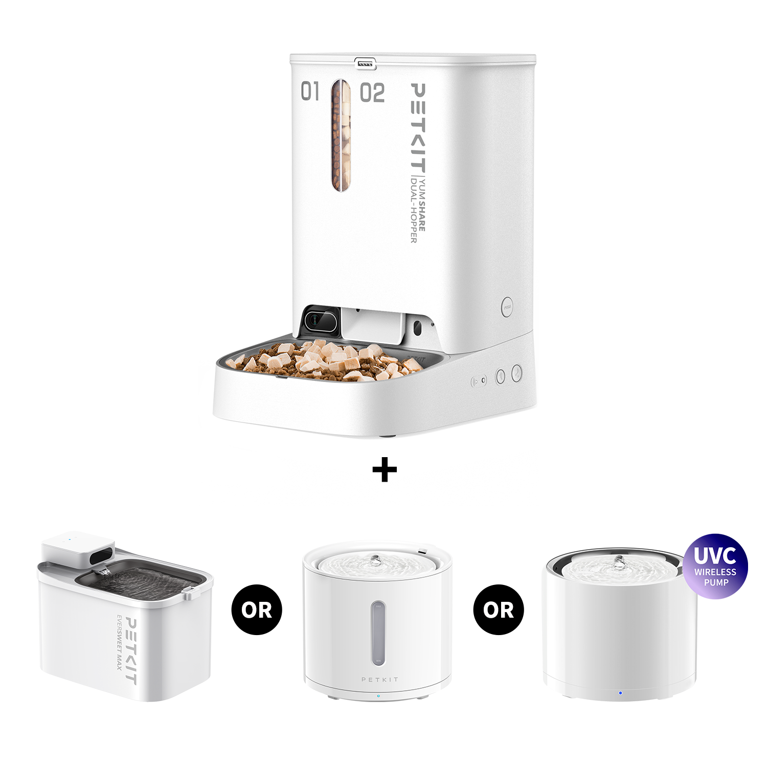 PETKIT YumShare Dual-hopper Automatic Cat Feeder with Camera displayed with EverSweet Max, EverSweet Solo 2, and EverSweet 3 Pro (UVC) pet water fountains, showing flexible bundle options for feeding and hydration