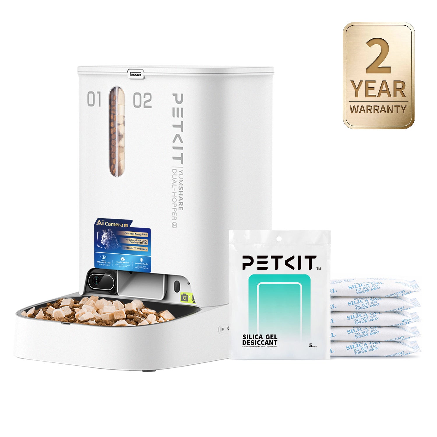 PETKIT YumShare Dual-hopper 2 pet feeder with desiccant packets and a 2-year warranty badge on a white background