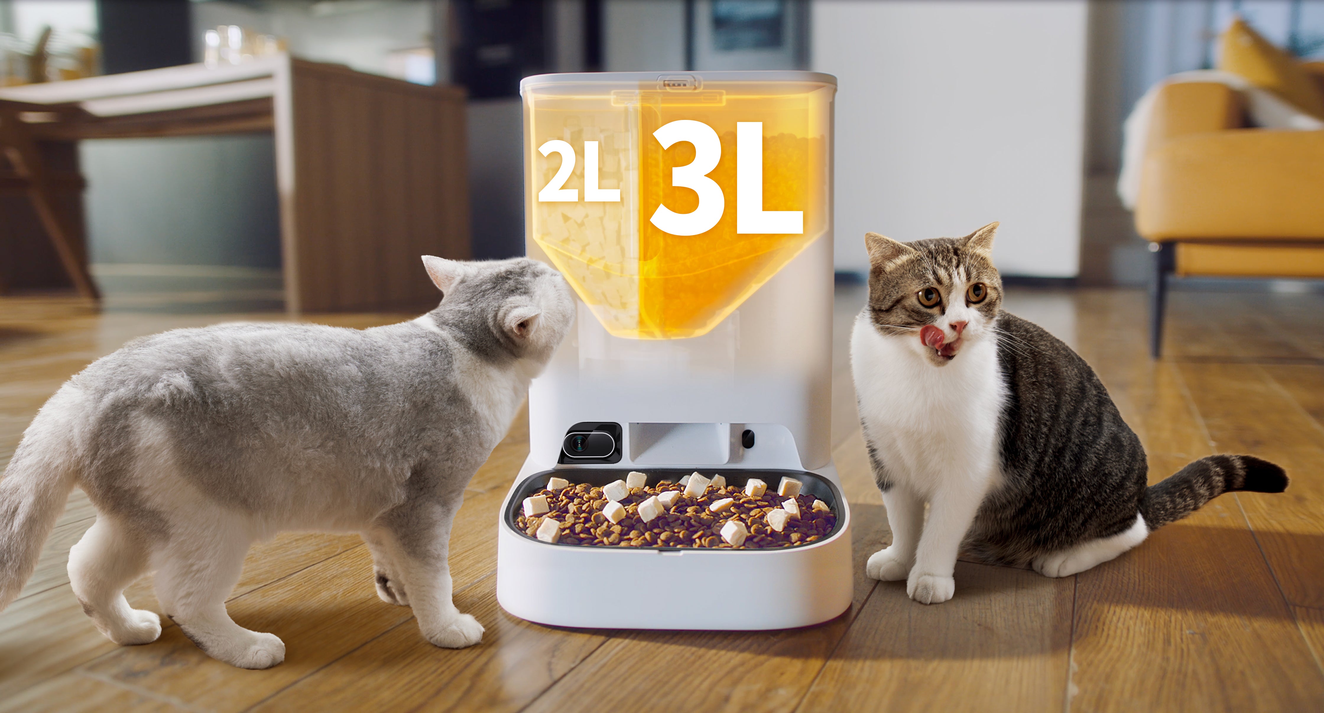 PETKIT YumShare Dual-hopper Automatic Cat Feeder with Camera illustrating dual hopper system for tailored nutrition and multi-pet use