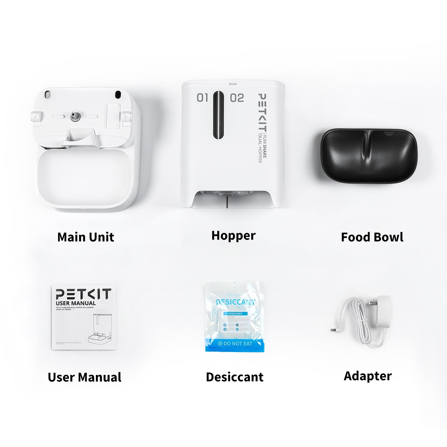 PETKIT YumShare Dual-hopper Automatic Cat Feeder with Camera package contents including main unit, hopper, food bowl, user manual, desiccant, and adapter