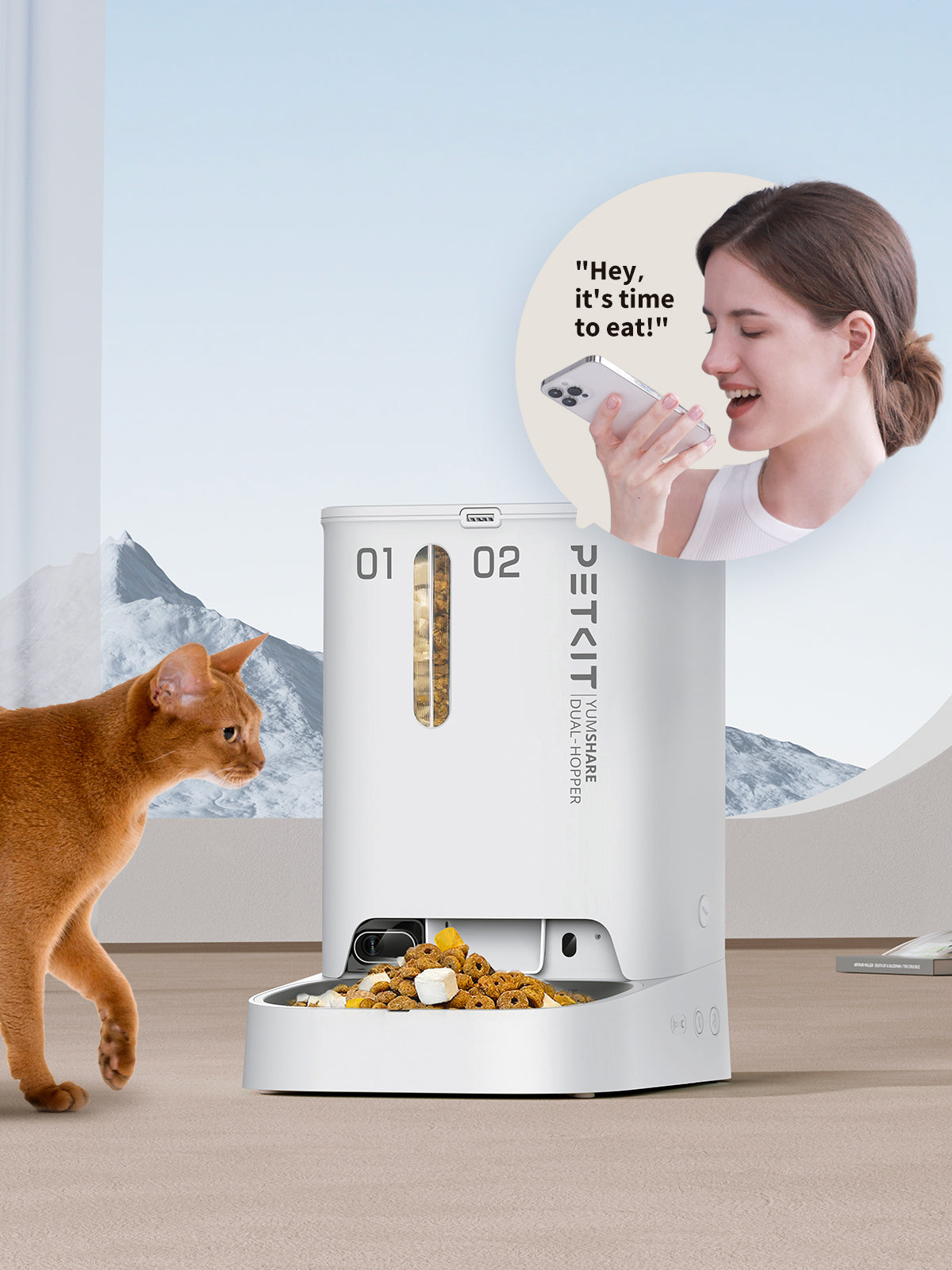 PETKIT YumShare Dual-hopper Automatic Cat Feeder with Camera plays personalized voice messages to pets during feeding