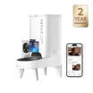 YumShare Solo 2 automatic cat feeder with app control interface and 2-year warranty badge, showing remote feeding management