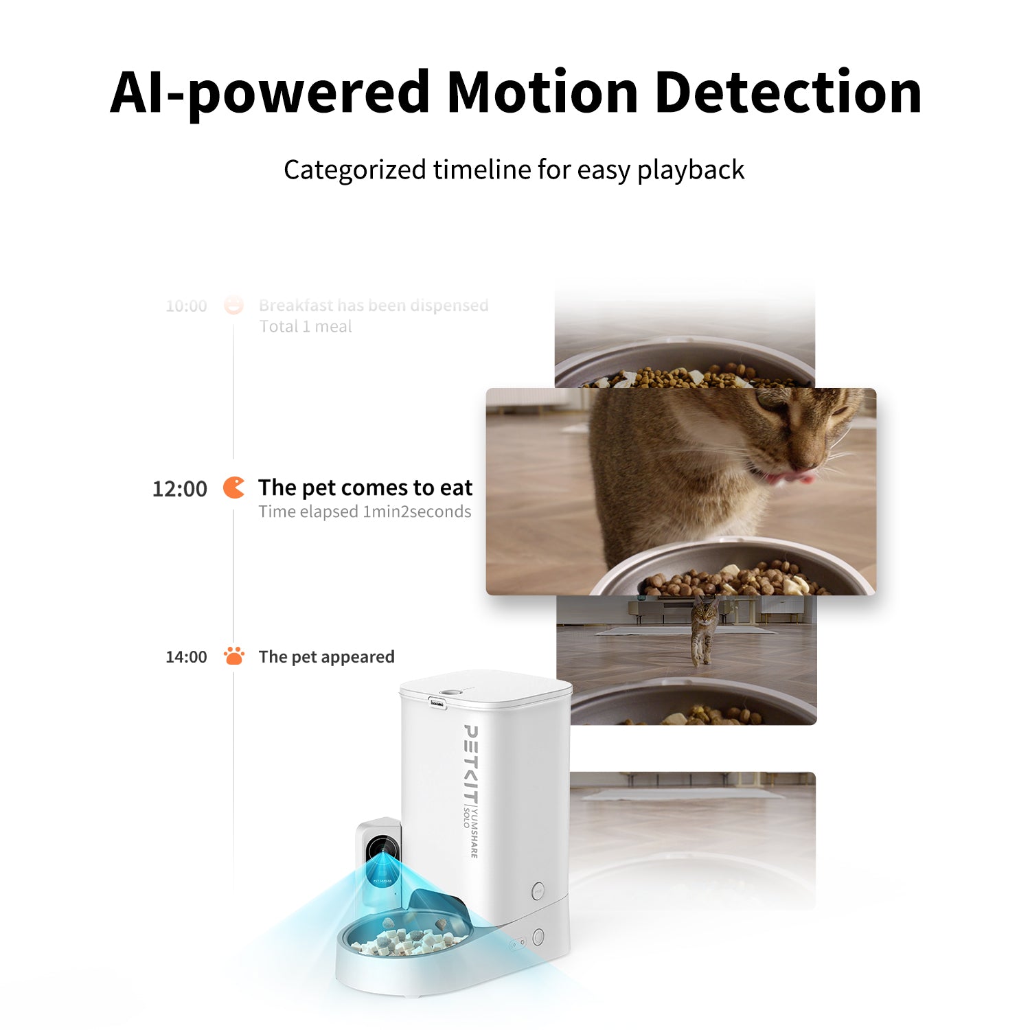 PETKIT YumShare Solo with camera automatic cat feeder AI-powered motion detection captures pet activity and categorizes footage for easy playback