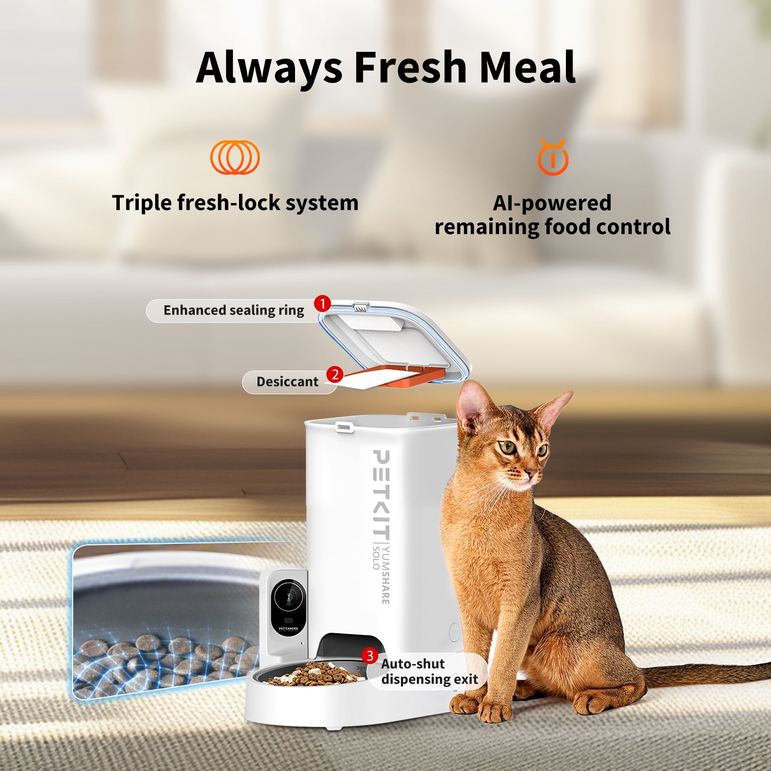 PETKIT YumShare Solo with camera Automatic Cat Feederfeatures triple fresh-lock system and AI-powered remaining food control for consistently fresh meals