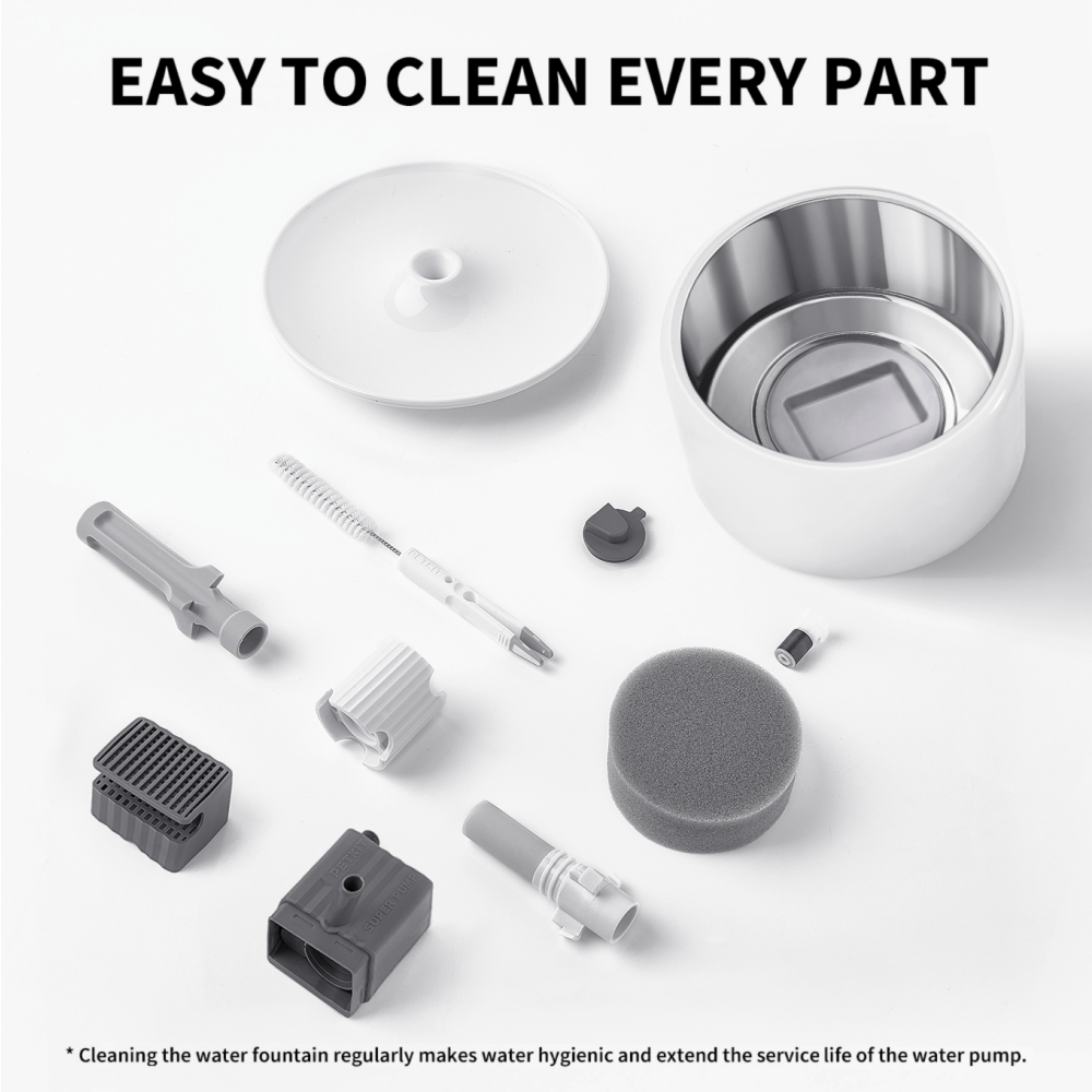Cleaning Set showing brush materials nylon, PP, TPE, sponge composition polyether and polymer polyol, thin brush 0.4in by 5.4in, round brush 2.7in diameter by 1in height