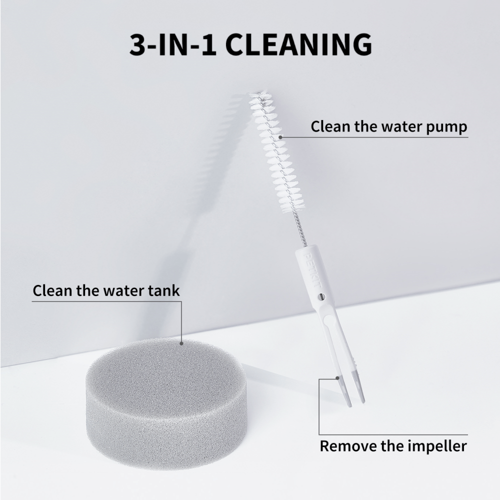 Thin brush from Cleaning Set designed to reach narrow areas and clean water fountain components thoroughly