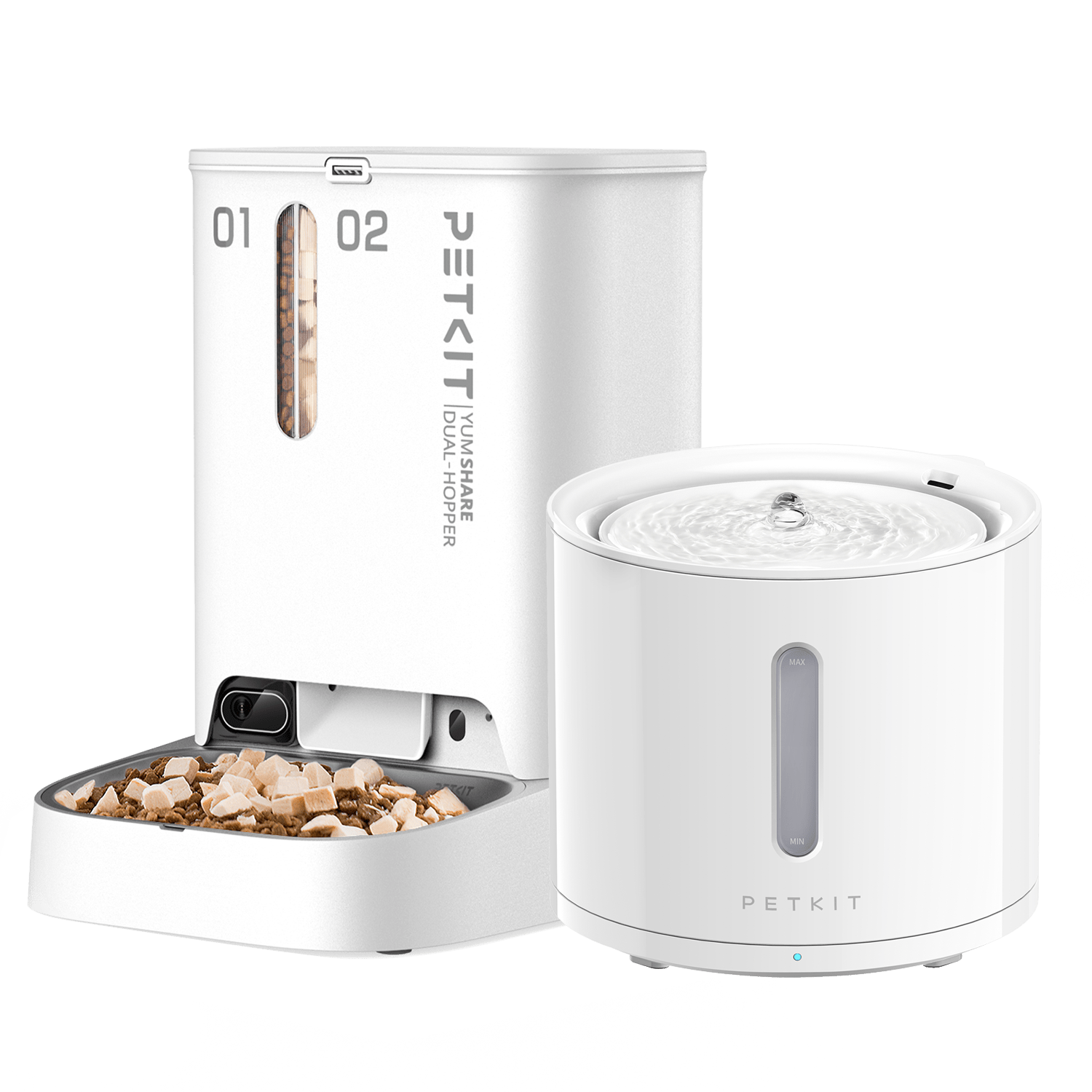 PETKIT YumShare Dual-hopper Automatic Cat Feeder with Camera with PETKIT EverSweet Solo 2 pet water fountain, showcasing the smart feeding and drinking combo
