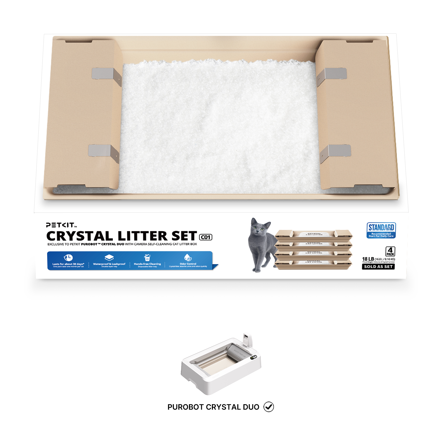 PETKIT Crystal Litter Set packaging with white crystal litter and accessories on a white background