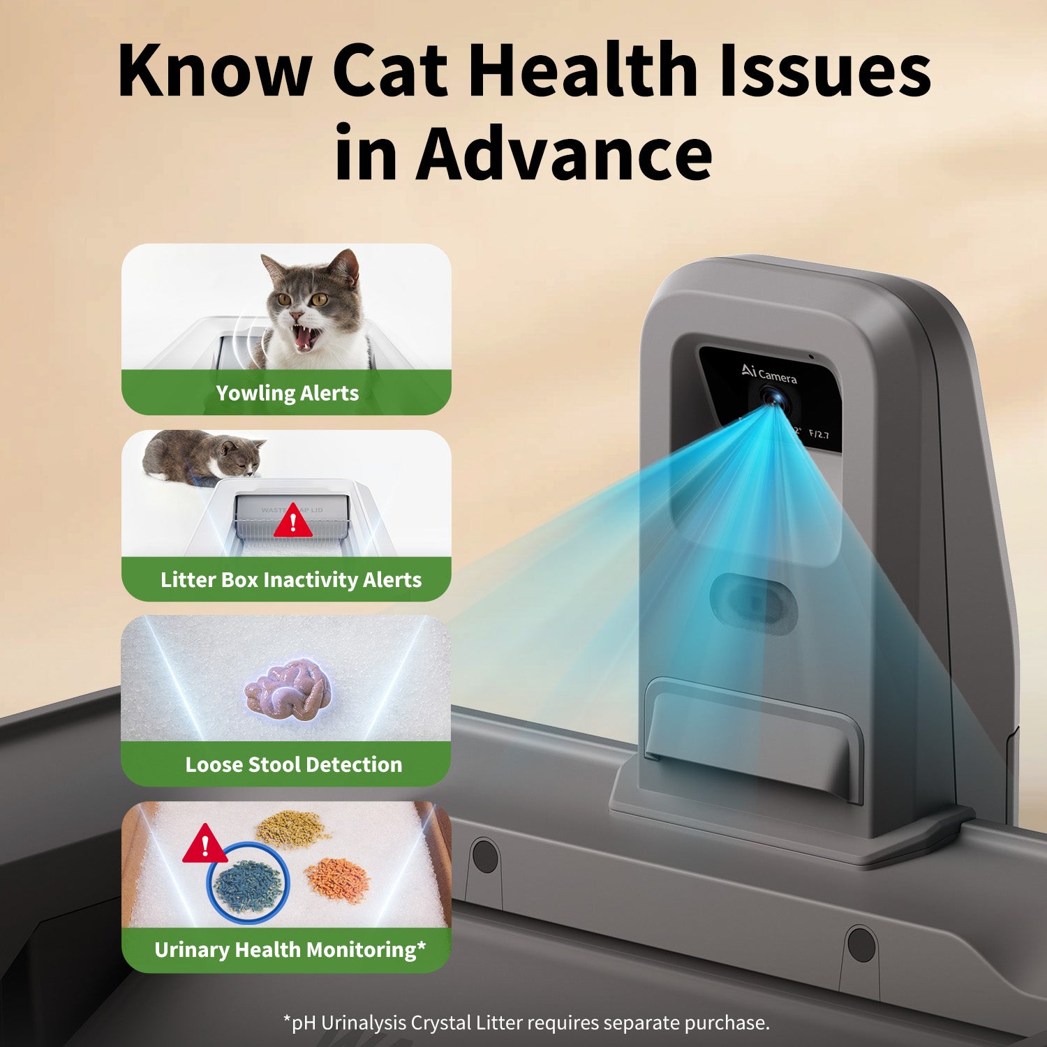 Pet health monitoring device with features for cat health alerts on a beige background