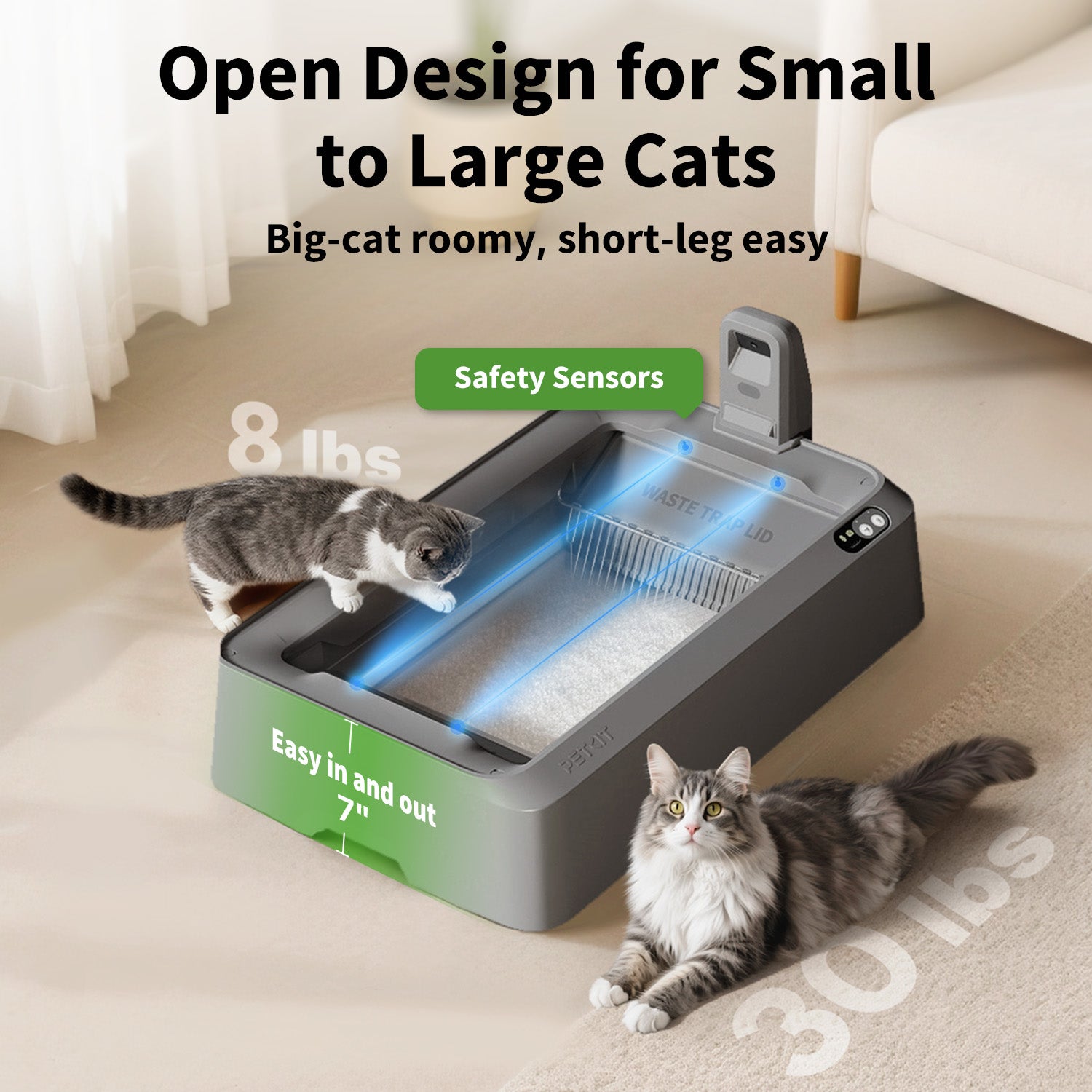 PETKIT Purobot Crystal Duo cat litter box with a cat interacting with it on a carpeted floor.