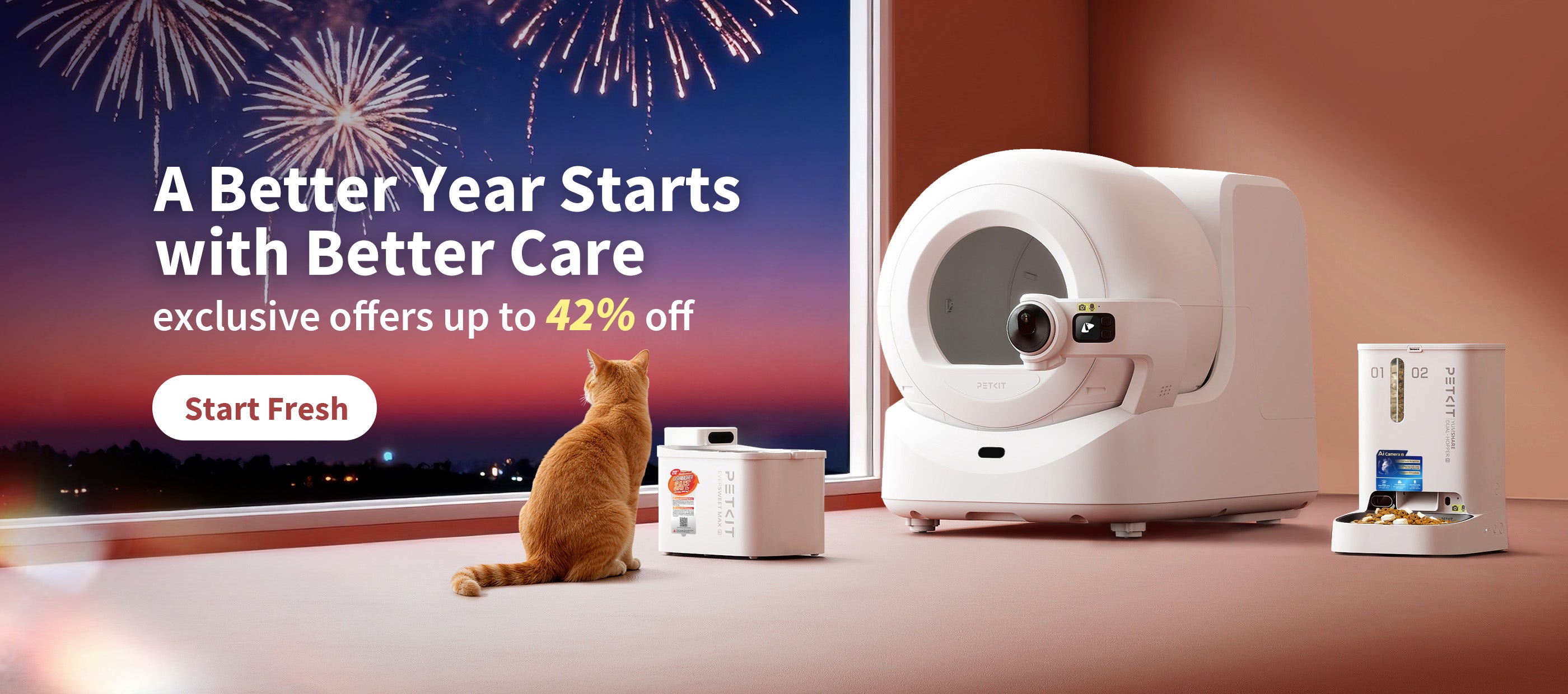 Cat sitting next to PETKIT Smart Pet Products with fireworks in the background and promotional text.