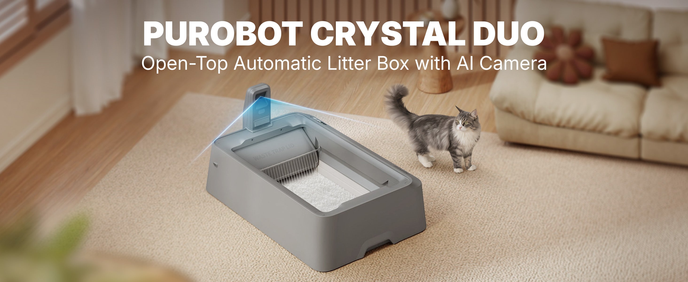 Gray Purobot Crystal Duo is an open-top automatic litter box with an AI camera.