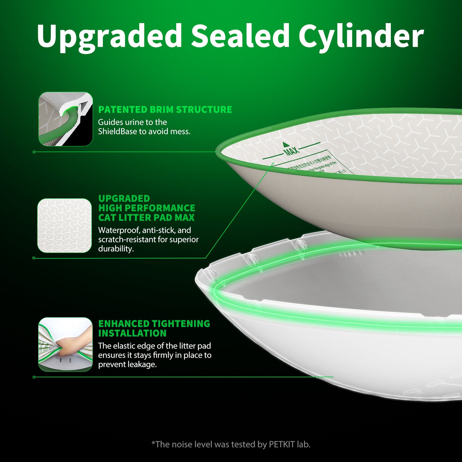 The upgraded cylinder of the leakproof litter box features an incredible seal performance to avoid leakage.