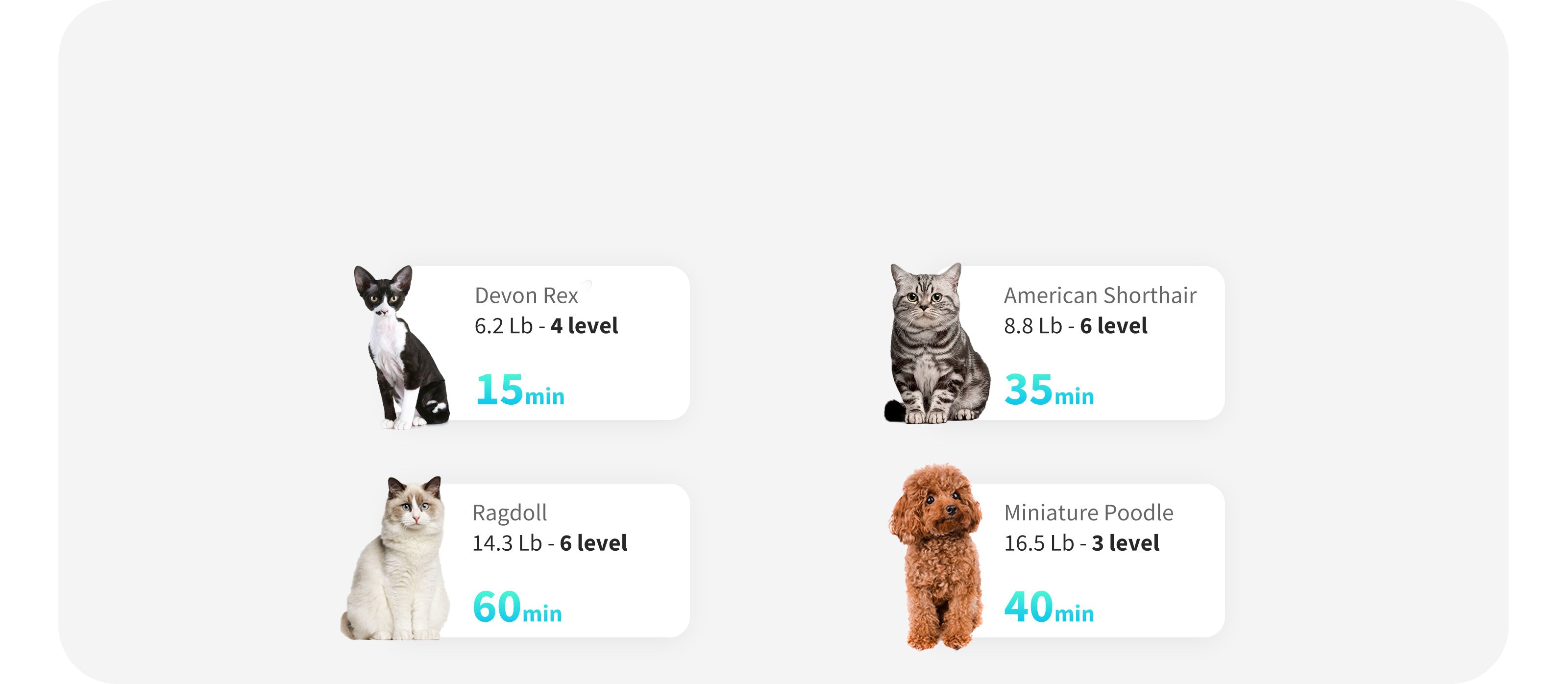 Quick reference showing estimated drying times for different pet sizes and coat types using the AirSalon Max Pet Dryer Box