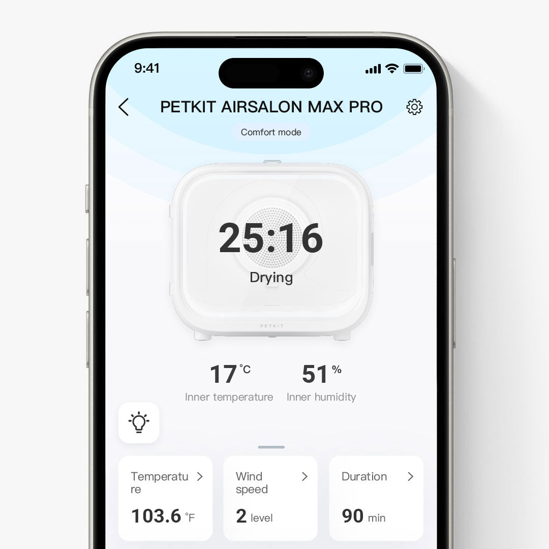 PETKIT app alerts and timer tracking for AirSalon Max Pro Pet Dryer Box keeping pet owners informed in real time