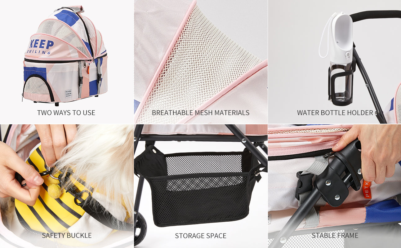 Bon Voyage Pet Stroller features two ways of using, breathable mesh panels, a built-in water bottle holder, safety buckle, storage space, and a stable frame for outdoor use