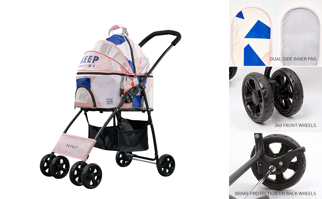 Bon Voyage Pet Stroller designed with a dual-side inner pad, 360-degree front wheels, and rear brake protection for smooth handling and enhanced safety