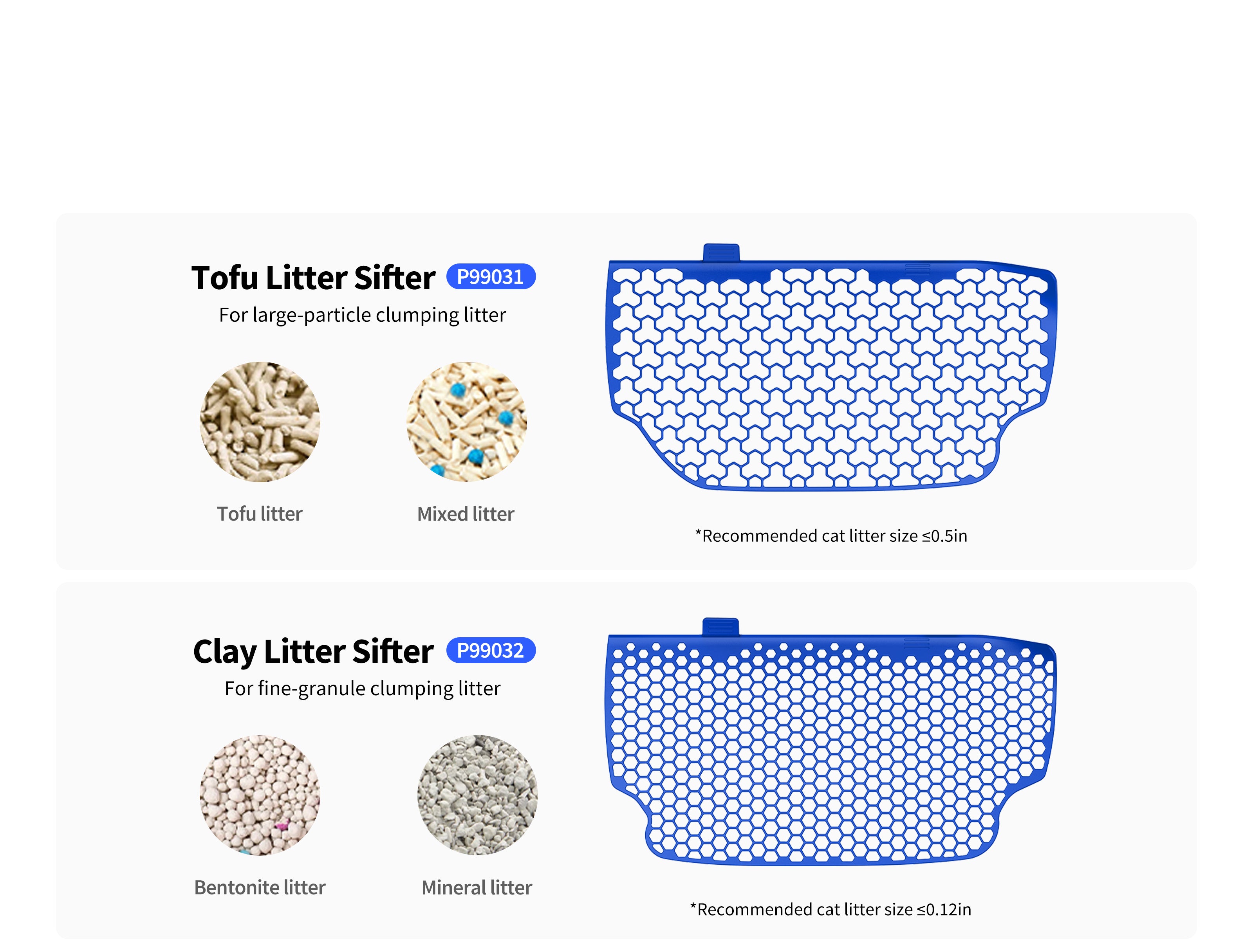 Cat Litter Sifter comparison showing tofu litter sifter for large-particle clumping litter and clay litter sifter for fine-granule litter