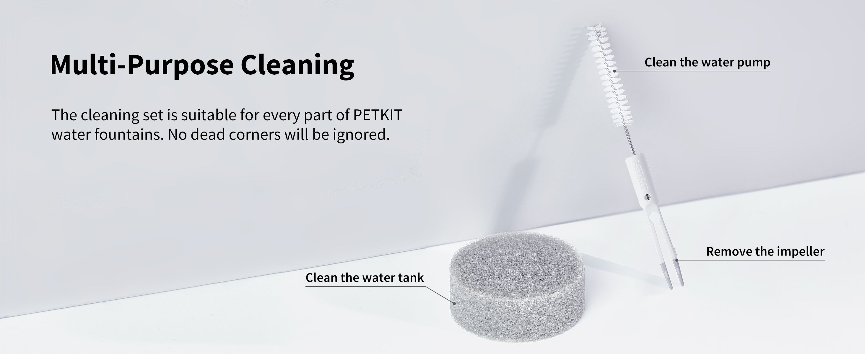 Cleaning Set brushes suitable for all water fountain components, reaching corners and hidden areas