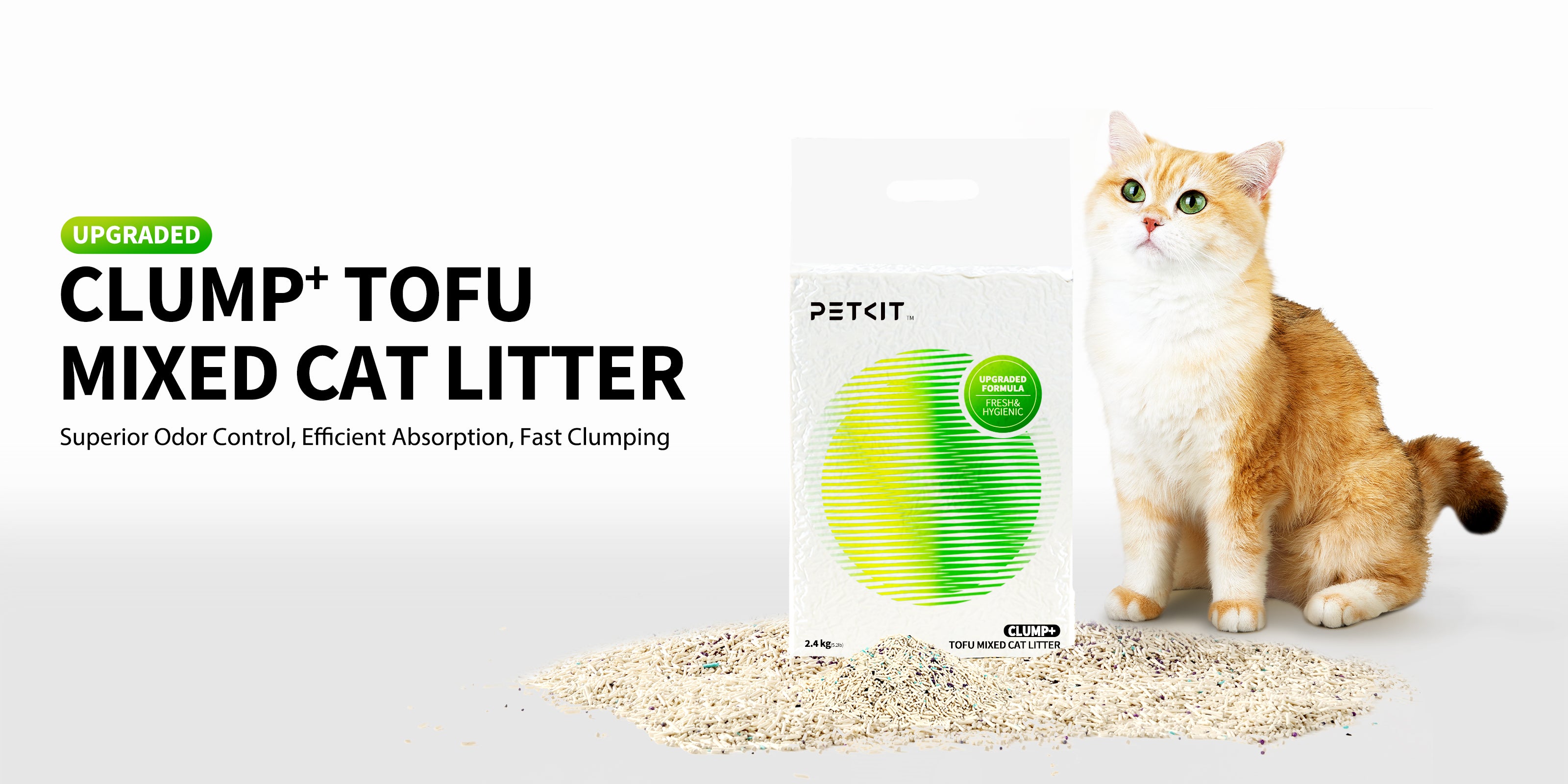 Clump+ Tofu Mixed Cat Litter banner highlighting fast clumping, superior odor control, efficient moisture absorption