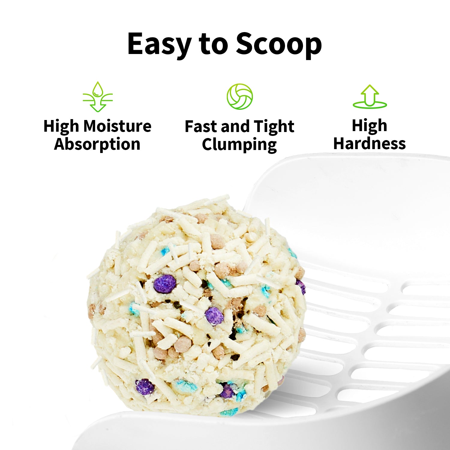 Clump+ Tofu Mixed Cat Litter forming tight clumps within 3 seconds with high moisture absorption and non-stick performance for easy scooping