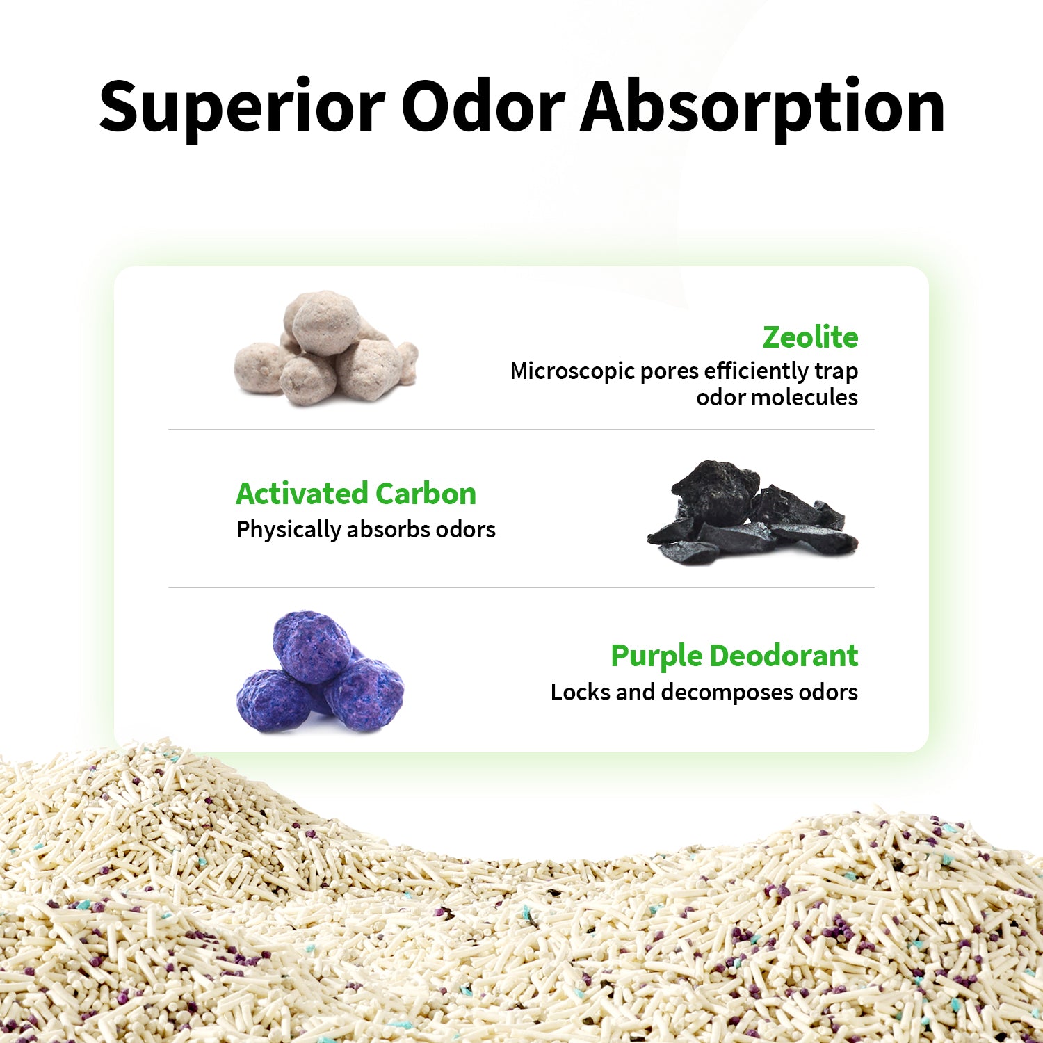 Clump+ Tofu Mixed Cat Litter demonstrating superior odor absorption with zeolite, activated carbon, and purple deodorant