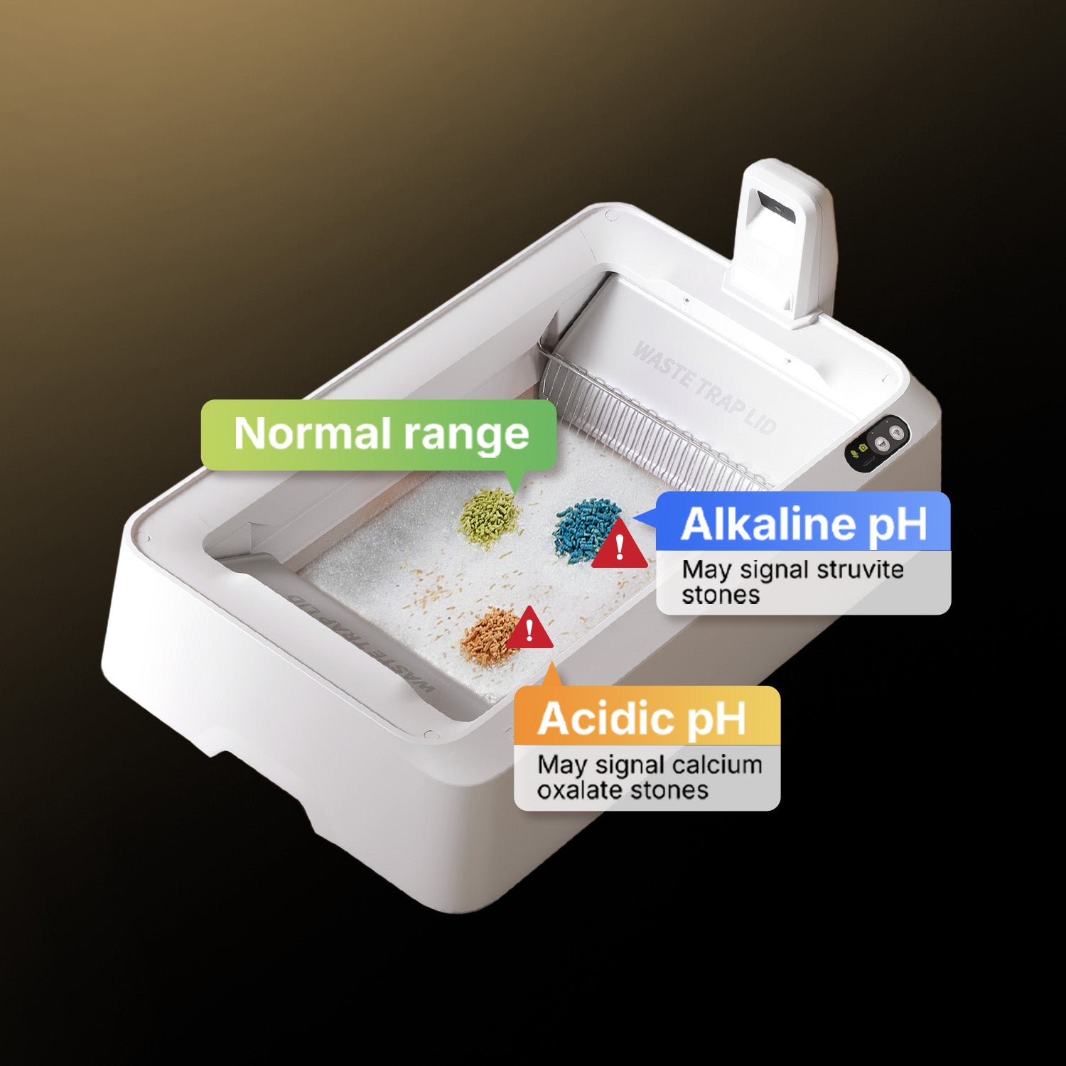 Color-changing crystal litter detects urine pH changes for proactive urinary health monitoring