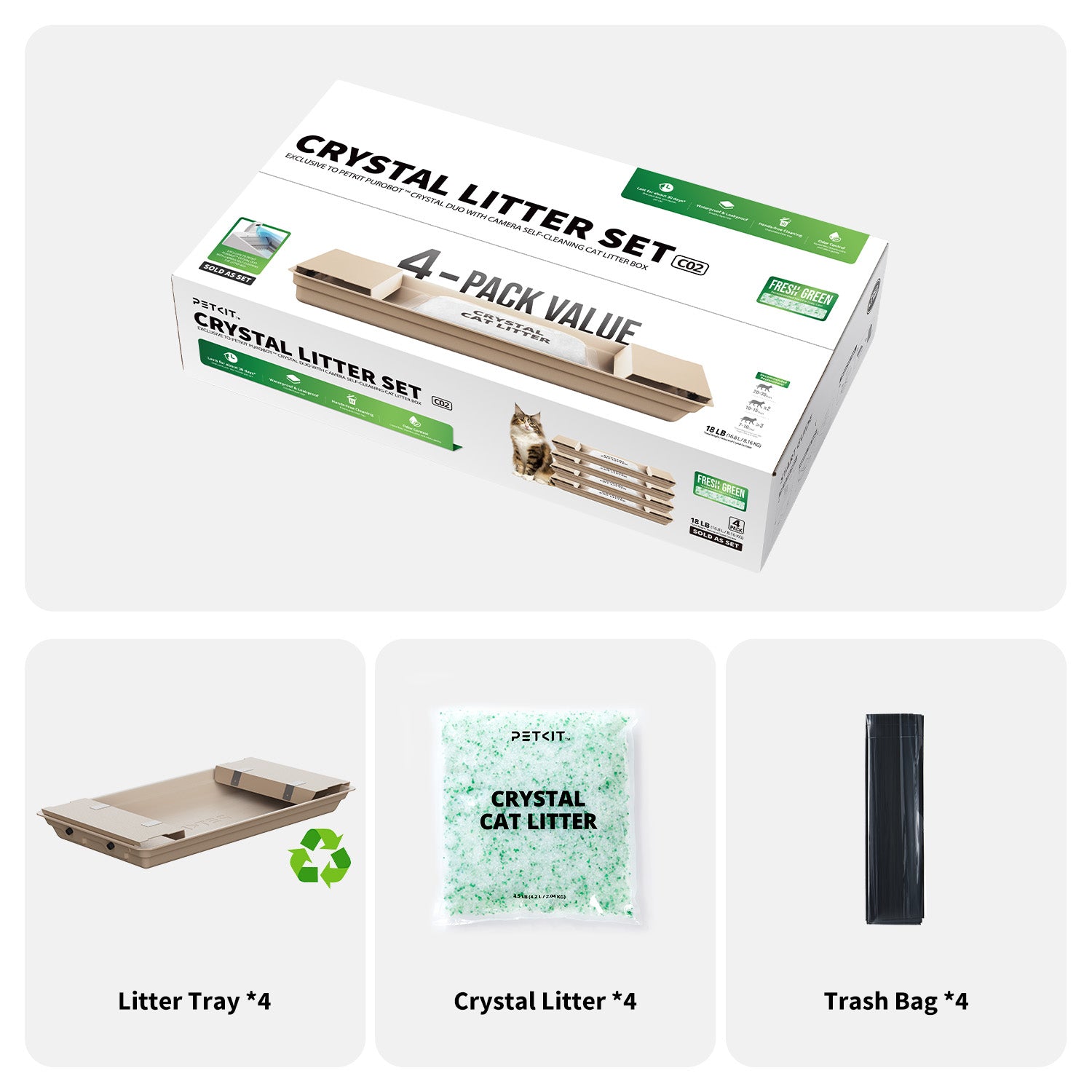 Crystal Litter Set (Fresh Green) includes 4 packs of litter tray, 4 bags of crystal litter, and 4 bags of disposable waste liners, complete kit for hassle-free cat care.