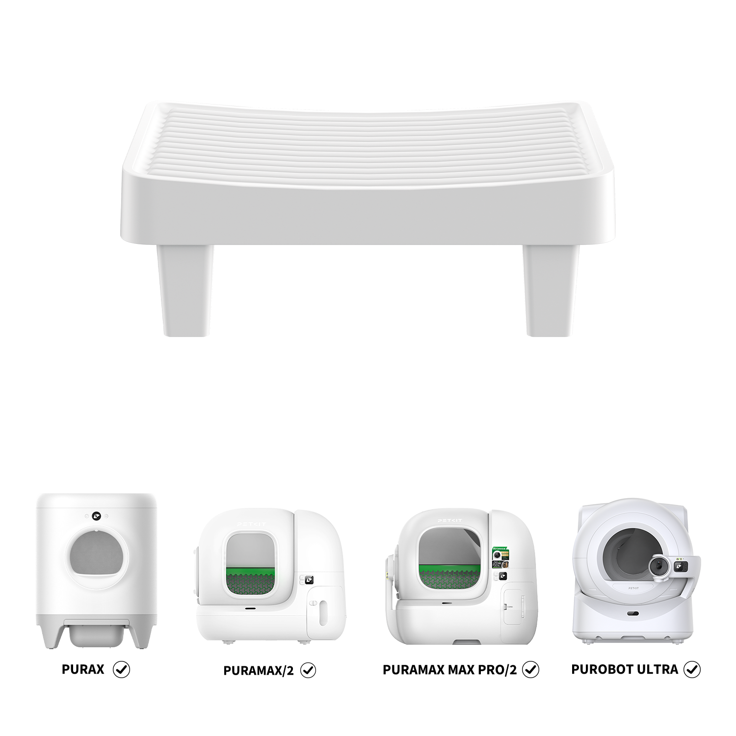 Easy-Step Pedal displayed with compatible litter boxes: Purobot Ultra, Purobot Max Pro 2, PuraMax 2, and PuraMax Automatic Litter Box