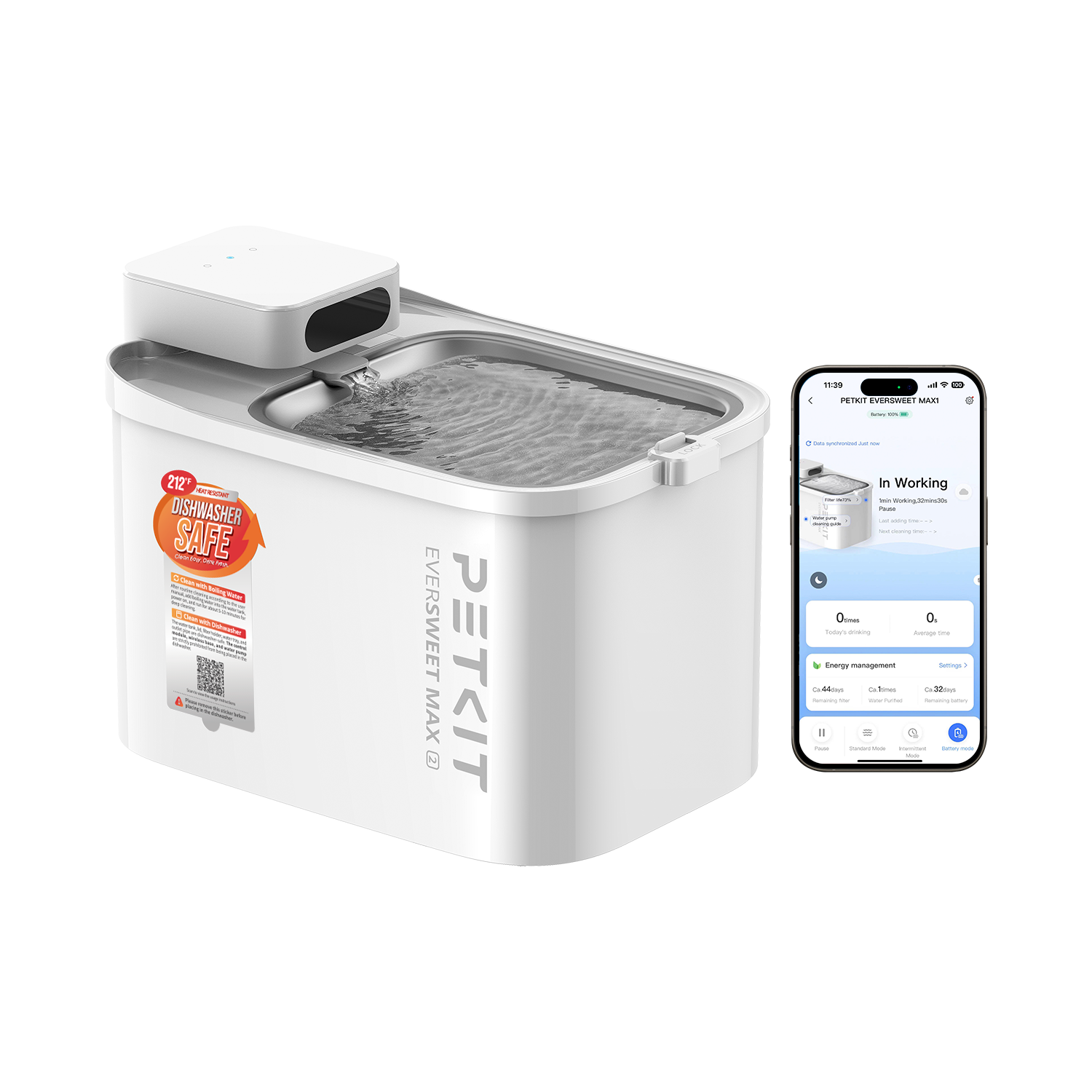 PETKIT EVERSWEET MAX 2 cordless pet water fountain with PETKIT App connection shown on smartphone.