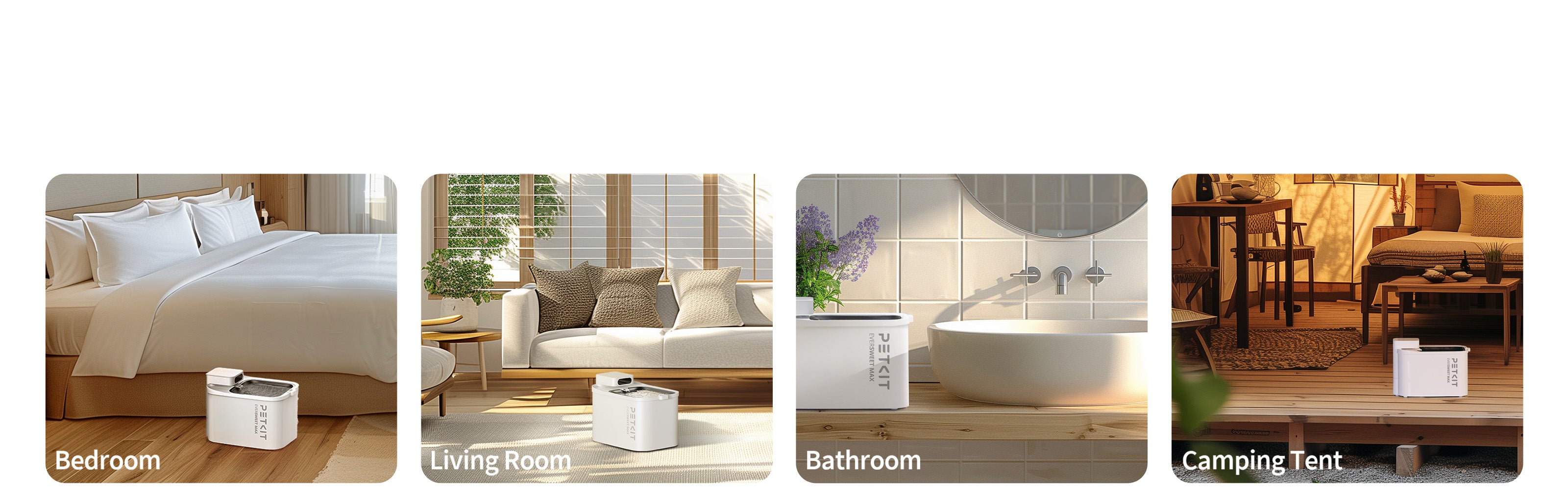 EverSweet Max cordless pet water fountain placed freely in different indoor spaces such as bedrooms and living rooms