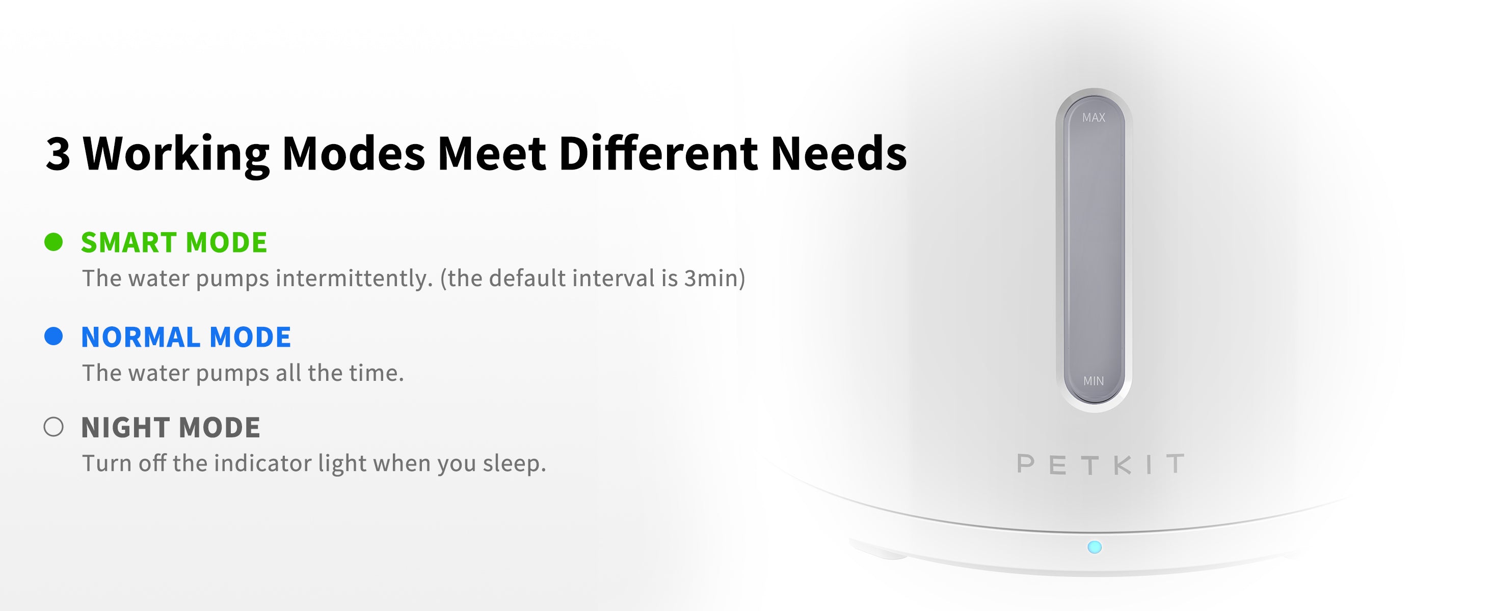 EverSweet Solo 2 Pet Water Fountain offering smart mode, normal mode, and night mode to meet different daily needs