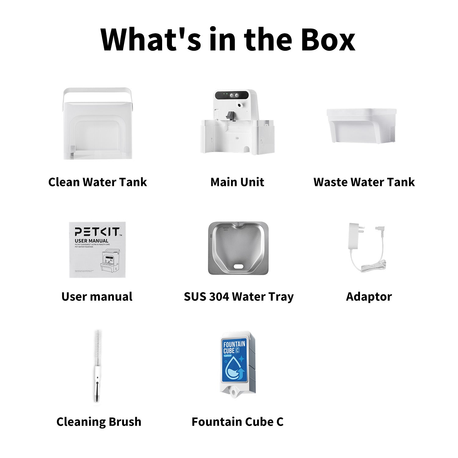 EverSweet Ultra Cat Water Fountain full package including main unit, clean & waste water tank, SUS 304 tray, user manual, adapter, cleaning brush, and Fountain Cube C