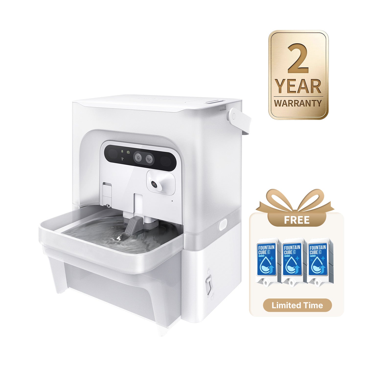 EverSweet Ultra Cat Water Fountain with 2-year warranty badge and free limited-time Fountain C gift included